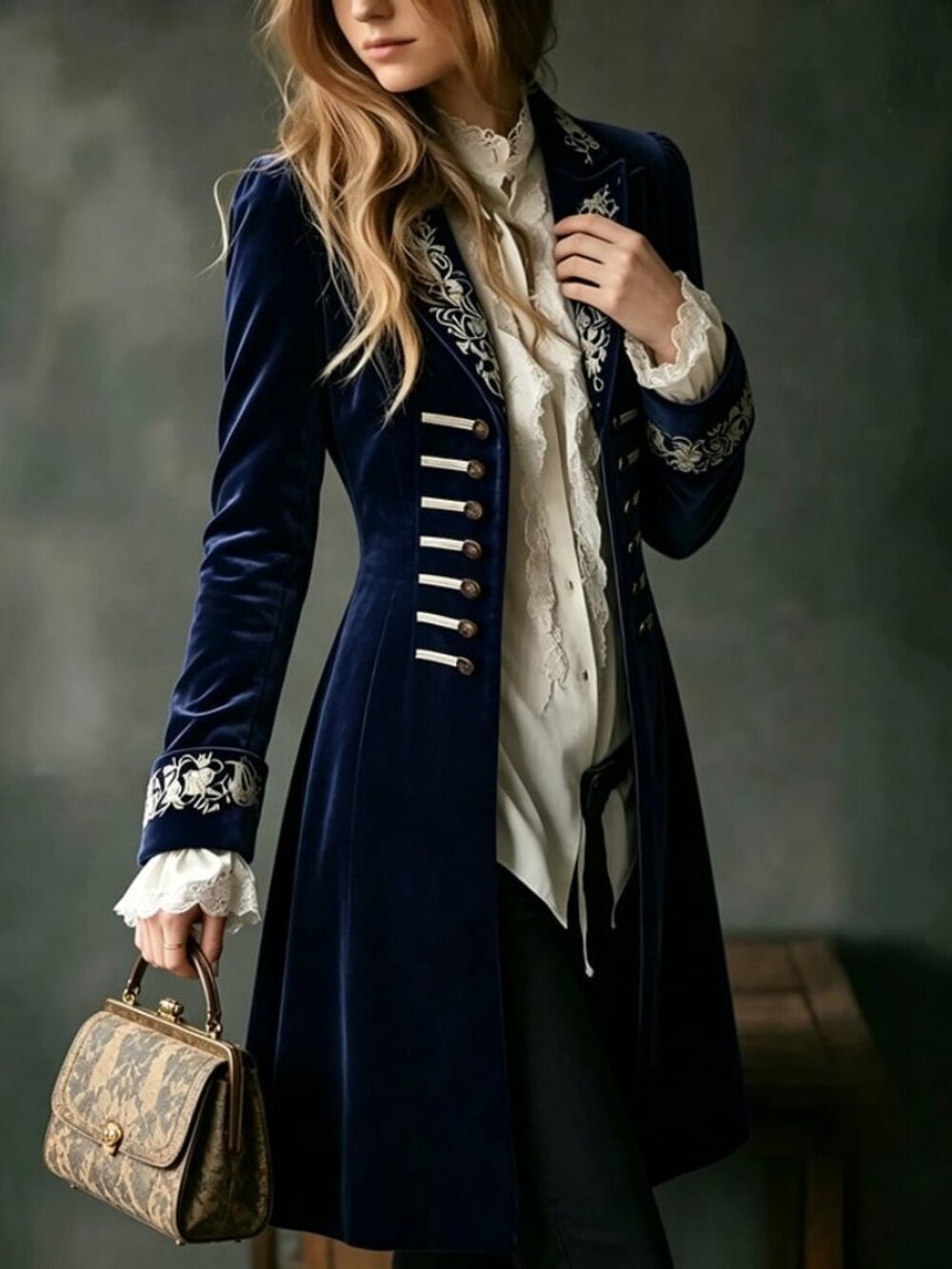 Navy Blue Elegant Victorian Women's Royal Velvet Coat with Floral Embroidery - Picture 2 of 3